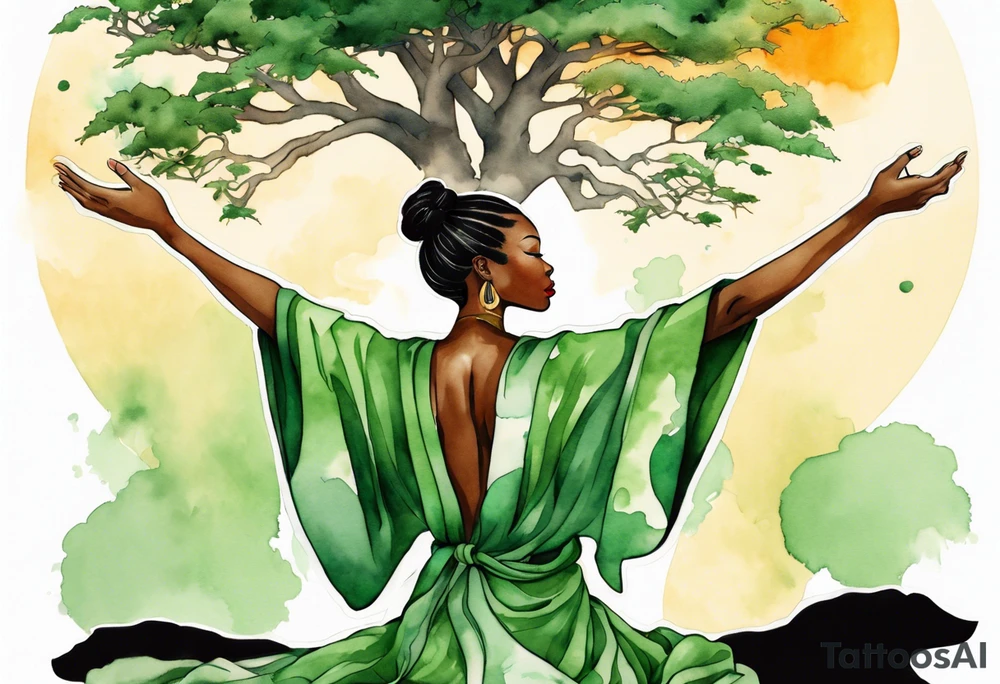 a beautiful black woman with tree roots for feet, wearing a green robe, arms reaching up towards the sun blazing in the sky tattoo idea