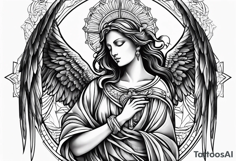 Religious, angel, powerful, forty style tattoo idea