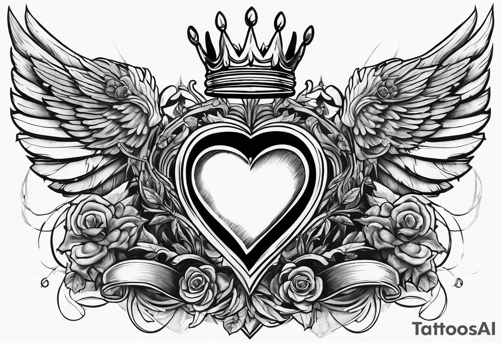 Heart, kings crown and wings tattoo idea