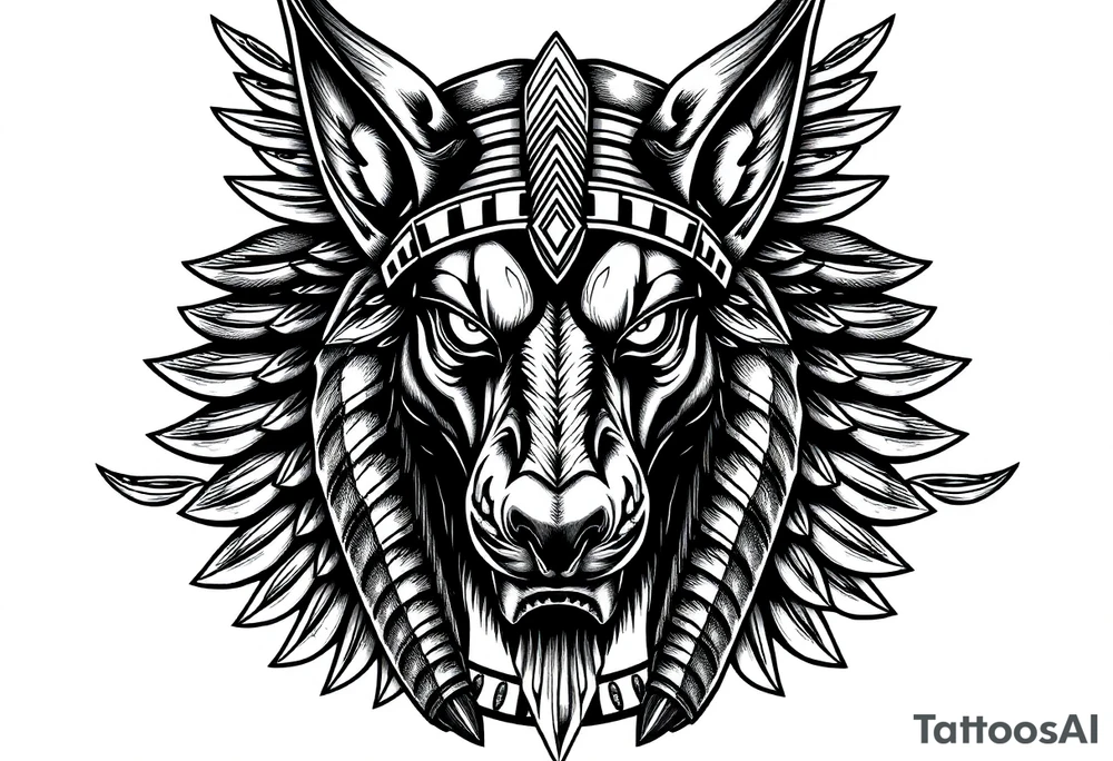 Egyptian Anubis god face muscle in Egypt style  with mantle on head with white eyes 

dog face surrounded Egyptian symbols based on elements tattoo idea