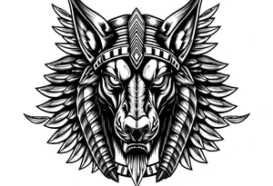 Egyptian Anubis god face muscle in Egypt style  with mantle on head with white eyes 

dog face surrounded Egyptian symbols based on elements tattoo idea