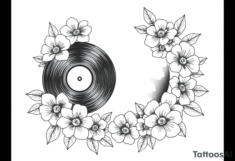 vinyl records surrounded by flowers tattoo idea