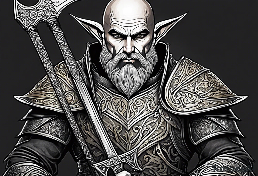 a full-body picture of a 30-year-old, human elf, bearded bald male, paladin, holding a battle axe, tattoo idea