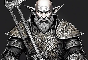 a full-body picture of a 30-year-old, human elf, bearded bald male, paladin, holding a battle axe, tattoo idea