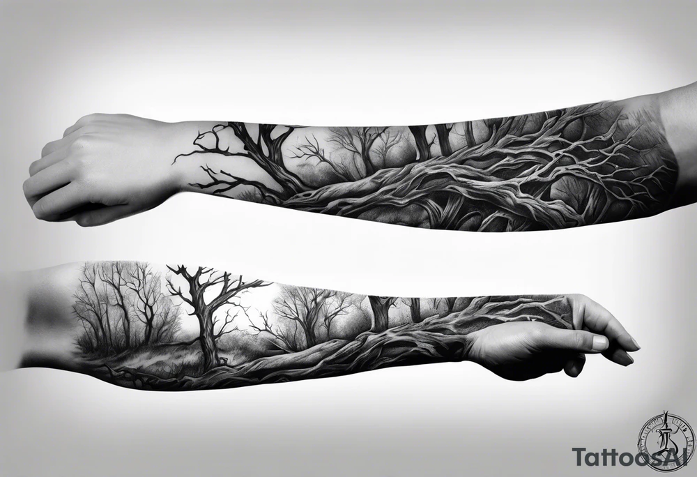 Elongated dead tree arm sleeve tattoo tattoo idea