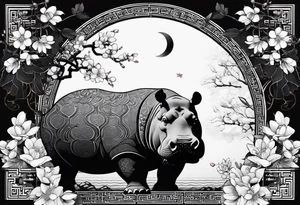 Very asymmetrical, +geometric pattern, with realistic full moon, with seeious looking hippo, +zen feel, + Buddhism touch,
with wintersweet flower bud, +portrait orientation, +inkart touch, tattoo idea