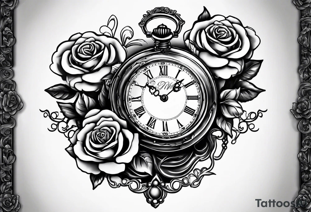Pocket watch with chain and roses tattoo idea