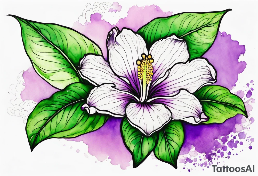 An outline of a rio dipladenia flower with a green and purple watercolor sky in the background tattoo idea