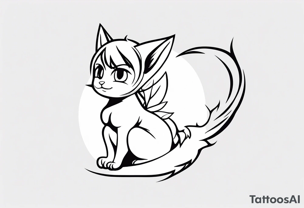 A fairy with a tail inspired by the logo of the show called Fairy Tail in a fetal position leaning in tattoo idea