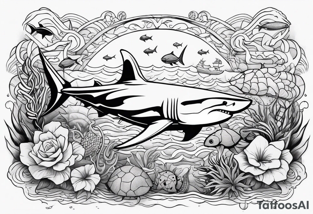 a half sleeve under forearm with a tiki, a great white shark, a turtle, and other sea life set under water tattoo idea