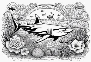 a half sleeve under forearm with a tiki, a great white shark, a turtle, and other sea life set under water tattoo idea