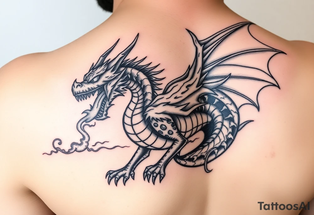 fierce dragon breathing iridescent fire against stormy skies tattoo idea
