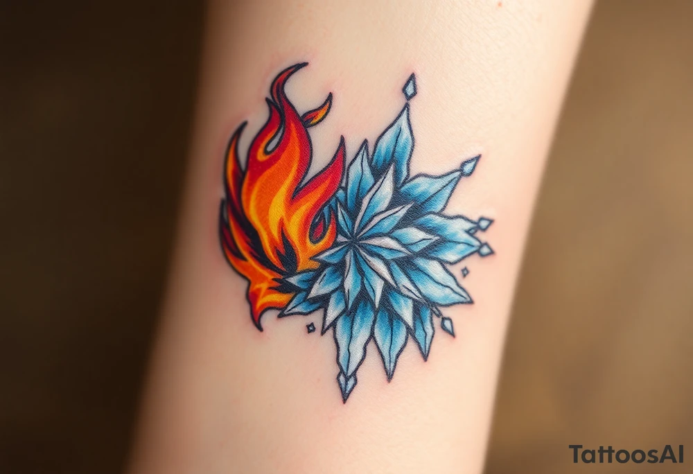 A flame engulfing one side, with rich reds, oranges, and yellows, burning fiercely, while the other side is overtaken by ice, in shades of blue, white, and silver, with frost creeping up and freezing the flames, symbolizing the eternal clash between warmth and cold. tattoo idea