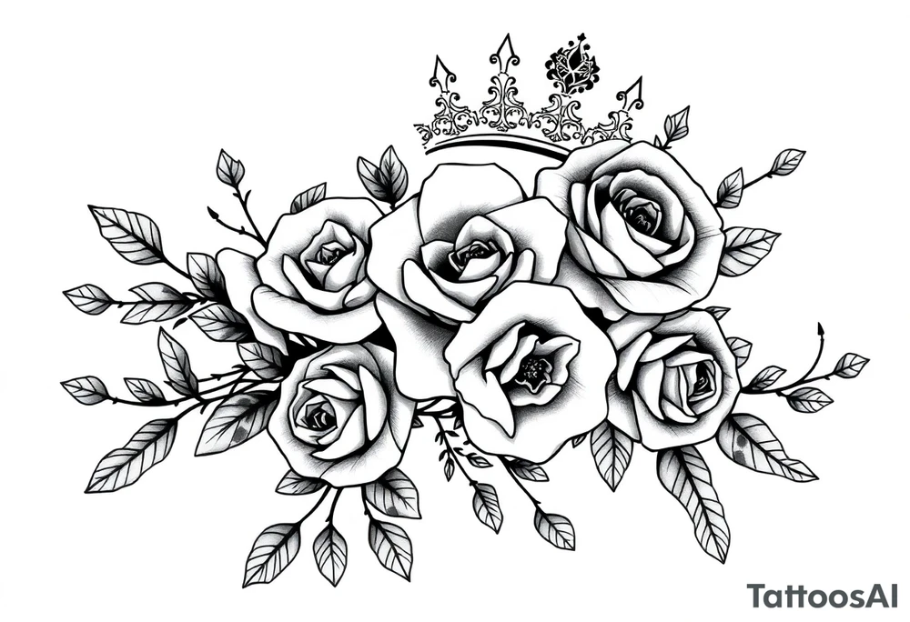 detailed beautiful gothic boho flowers and roses on vine with gorgeous crown ornamental tattoo idea