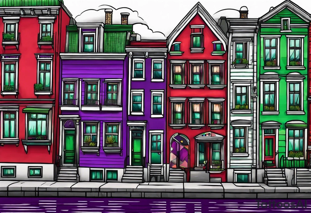 purple green red canal houses tattoo idea