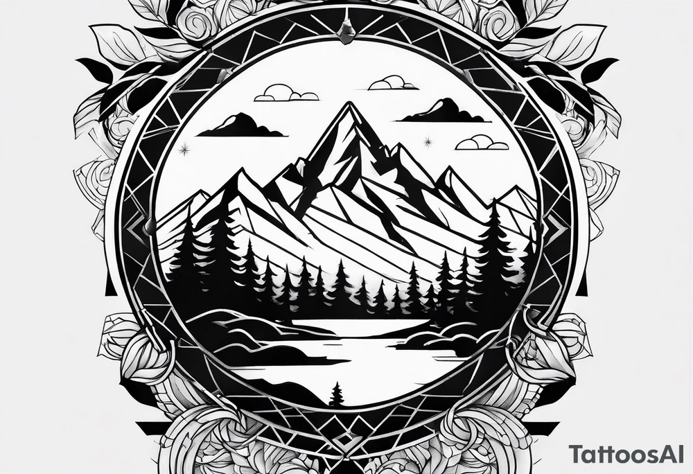A geometric half sleeve with a mountain peak tattoo idea