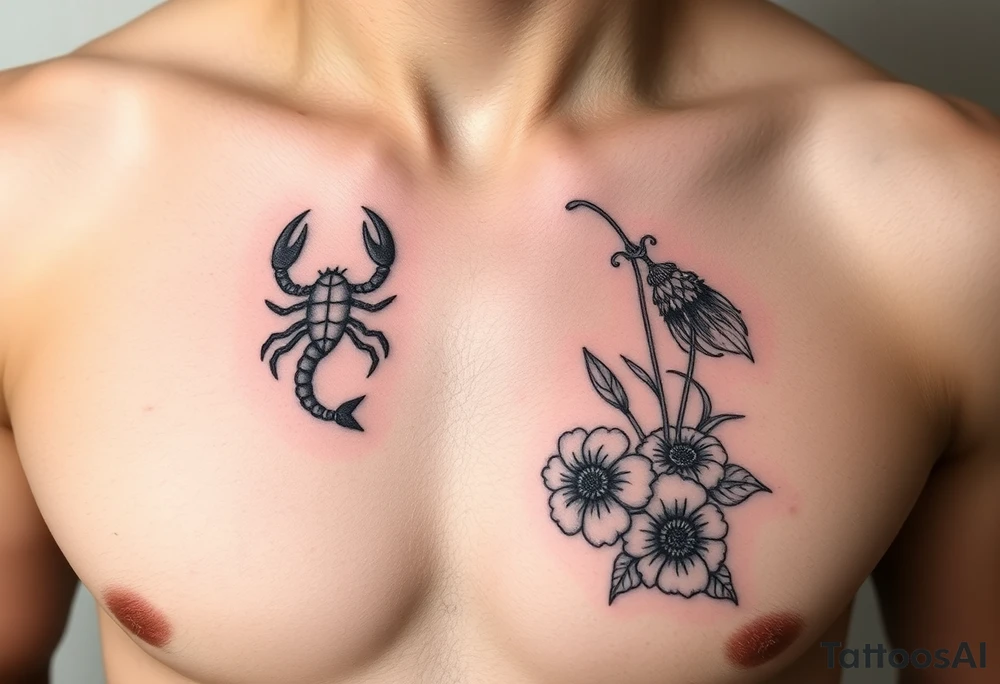 A medium tattoo including the constellation of Scorpio & Virgo as well as the flowers associated with October & September tattoo idea