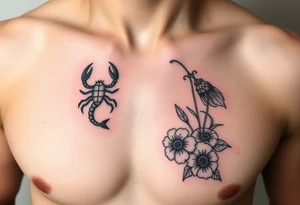 A medium tattoo including the constellation of Scorpio & Virgo as well as the flowers associated with October & September tattoo idea