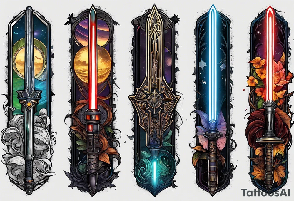 Star wars light saber, lord of the rings fellowship, and Harry potter with Harry Hermione and Ron.  In one tattoo idea