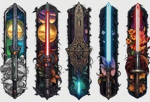 Star wars light saber, lord of the rings fellowship, and Harry potter with Harry Hermione and Ron.  In one tattoo idea
