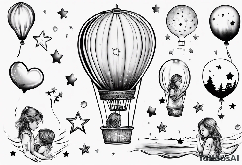 Hot water balloon with star and heart balloons and little girl inside dreaming tattoo idea