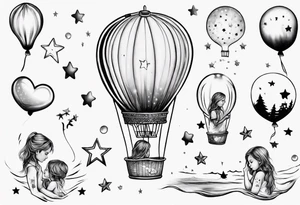 Hot water balloon with star and heart balloons and little girl inside dreaming tattoo idea