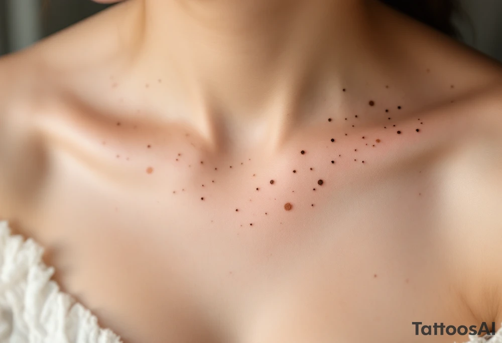 Scattered beige and brown freckle-style dots across the collarbone – A natural and subtle beauty-enhancing piece. tattoo idea