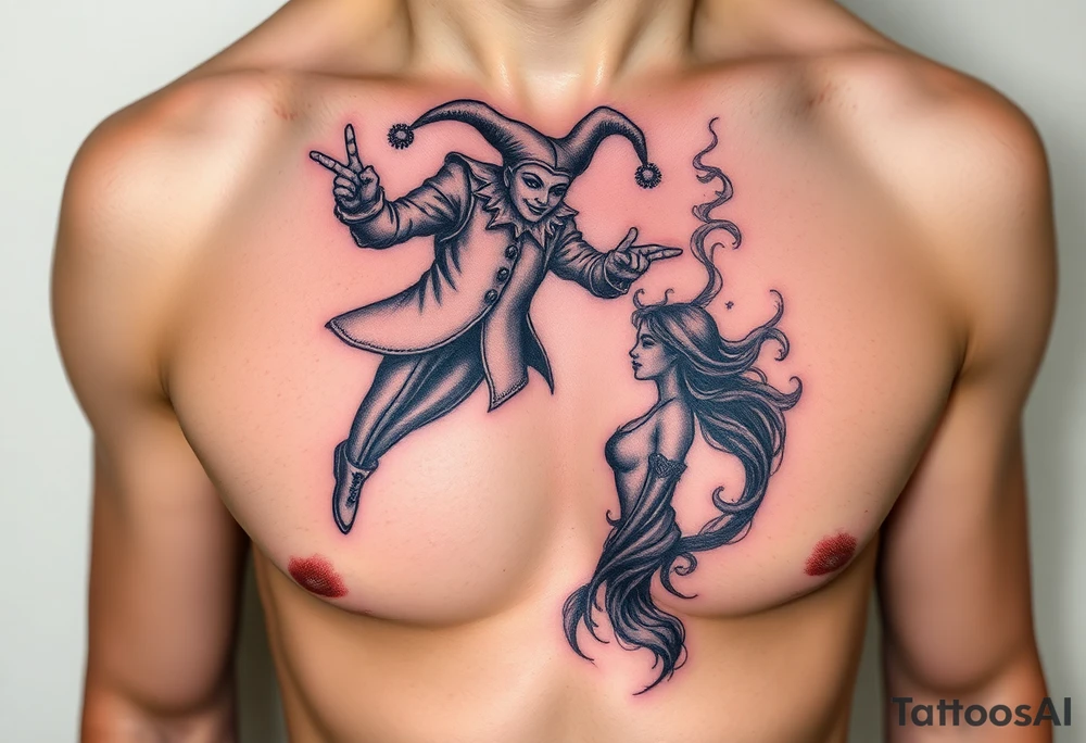 jester hovering over woman in smoke tattoo idea