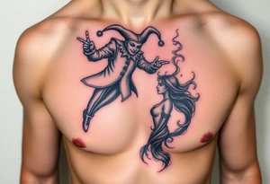 jester hovering over woman in smoke tattoo idea