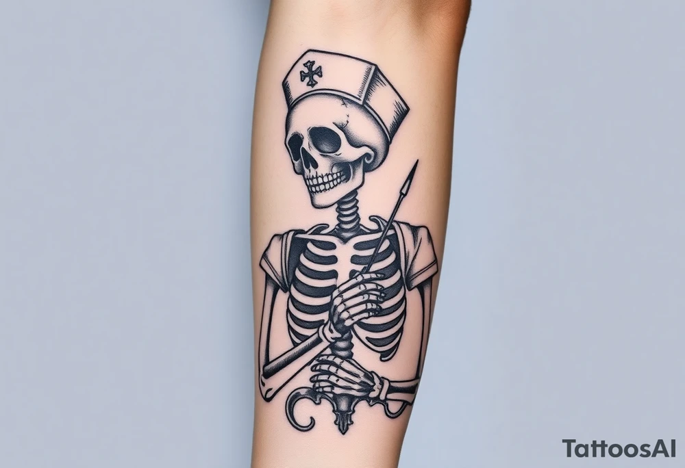 Skeleton 
 nurse with nurse hat and a needle in an elaborate vintage cameo tattoo idea