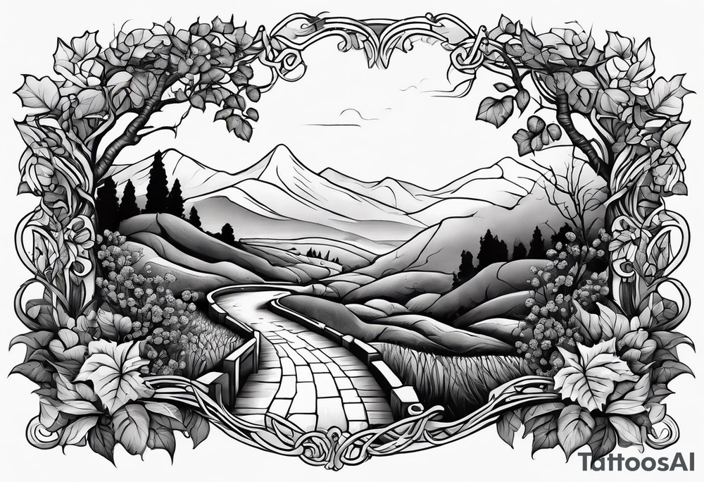 stone road over leafy vines tattoo idea