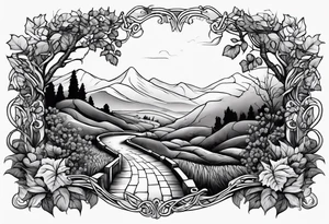 stone road over leafy vines tattoo idea