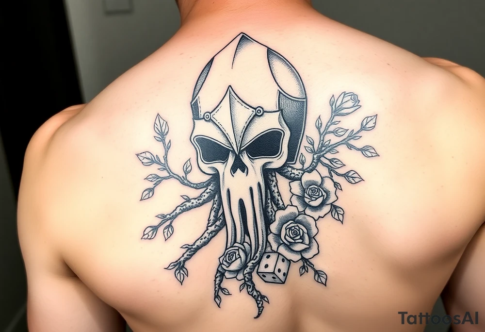 squid knight helmet combined with tree roots, cherry blossoms and roses rolling dice tattoo idea