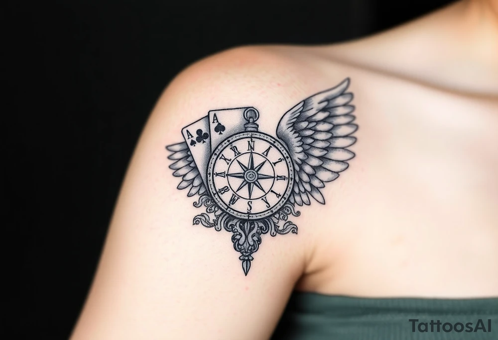 Slot machine cards compass and clock with angel wings tattoo idea