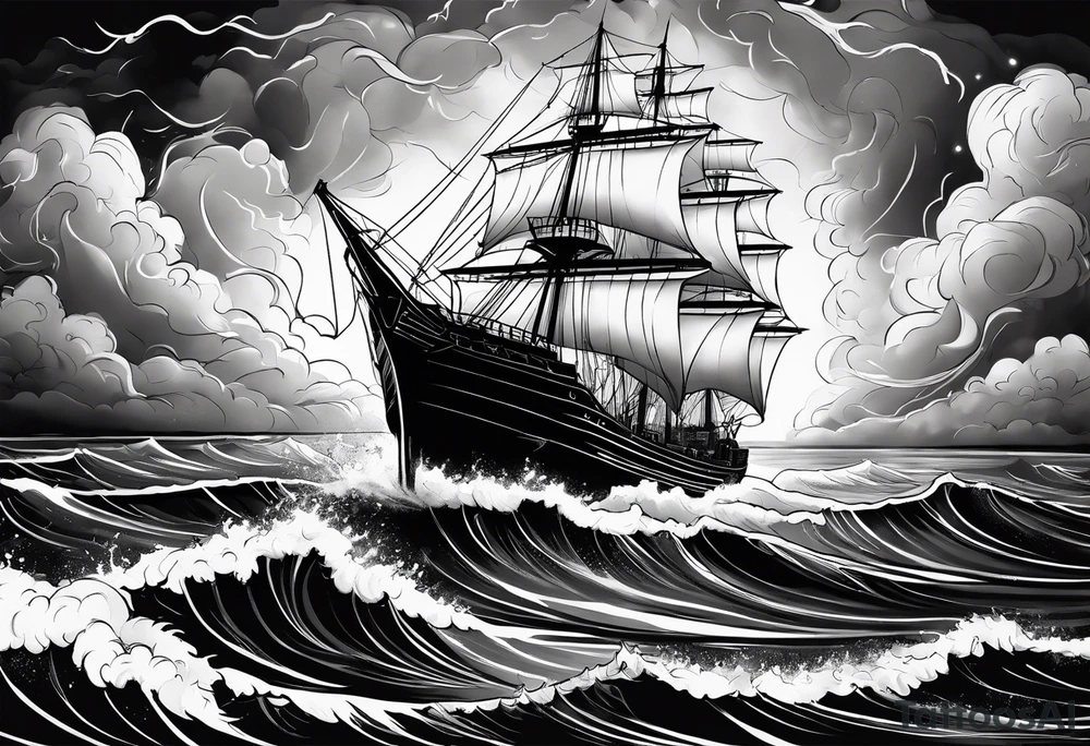 storm clouds with lightning surrounding a ship tattoo idea