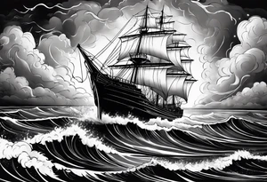 storm clouds with lightning surrounding a ship tattoo idea