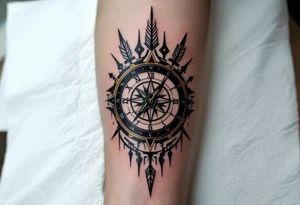 steampunk half compass half clock with a long native American arrow pointing at my wrist with the words “True North” and says "Isaiah 40:31" tattoo idea