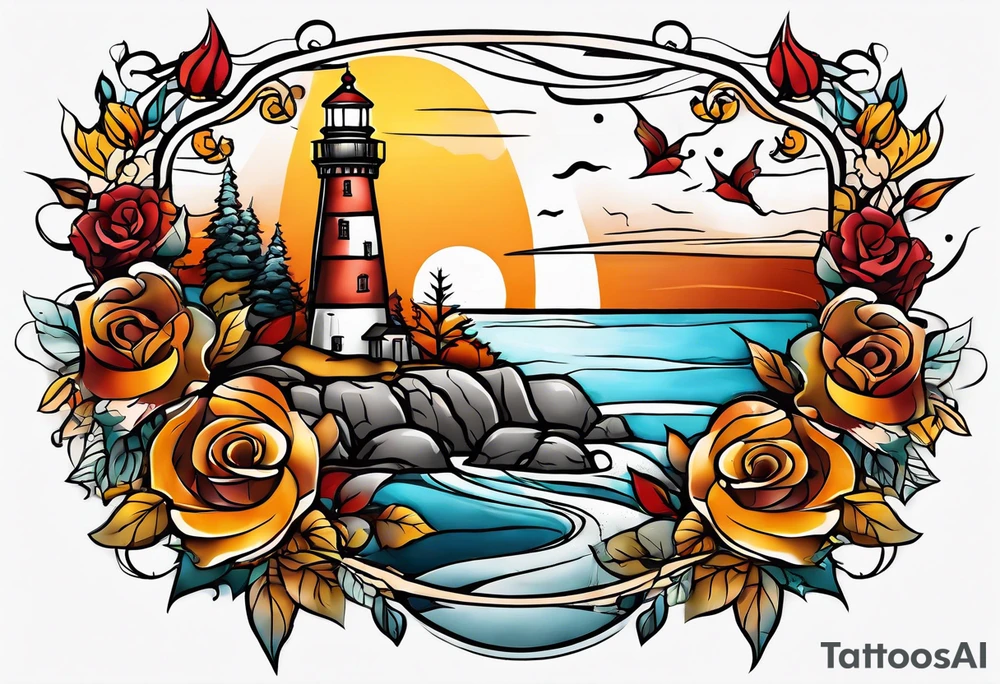 thigh tattoo in fall colors, showing lighthouse, water flow around rocks, sky, clouds, leaves, roses and no trees tattoo idea