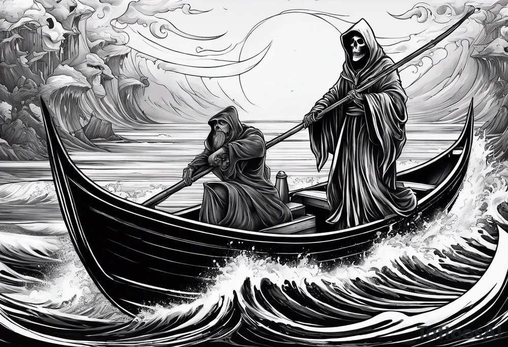 Grim reaper riding a small boat with souls underneath the boat tattoo idea
