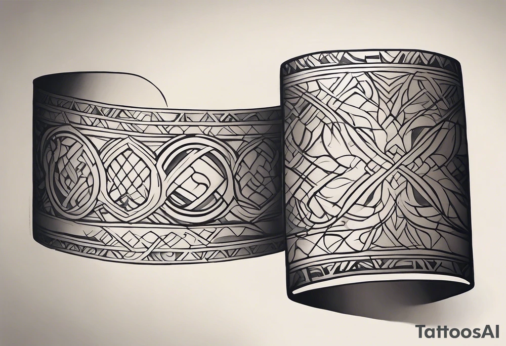Design a tattoo sketch in a realistic style, depicting a bracelet wrapped around the wrist. The bracelet should have detailed features, such as intricate patterns, textures, and shadows, giving it a lifelike appearance. The design should look like it's naturally sitting on the skin, with attention to the curve of the bracelet and the way it interacts with light and shadow. The overall style should be elegant and refined, capturing the essence of a real bracele tattoo idea