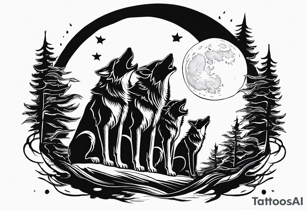 Wolfs with 4 cubs howling at blood moon tattoo idea