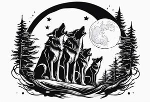 Wolfs with 4 cubs howling at blood moon tattoo idea