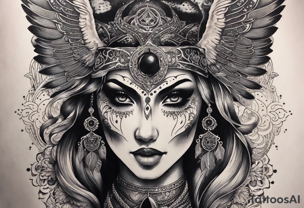 black kali, goddess pirate, alien, angel, pachamama, valkrye, warrior, flying, skull, lotus azul, wing, eagle, zenza resonance, stars, 5D, anahata chakra, death, durga, riding on a tiger, flying lady, chest tatoo tattoo idea