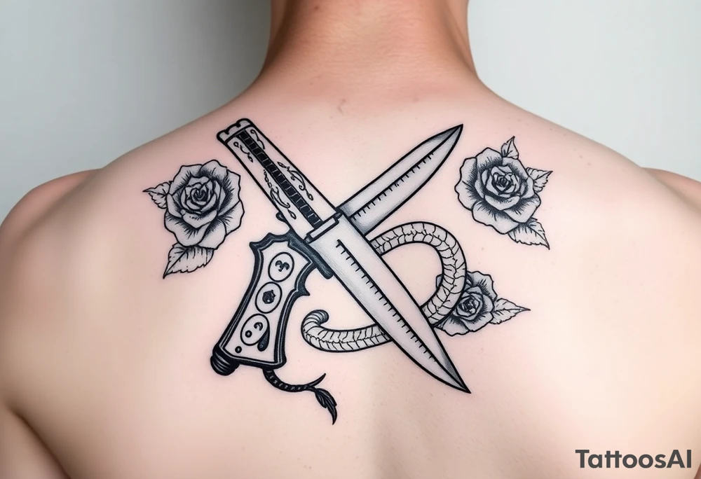 Handgun crossed with knife with snake wrapped around it with roses tattoo idea