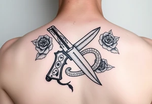 Handgun crossed with knife with snake wrapped around it with roses tattoo idea