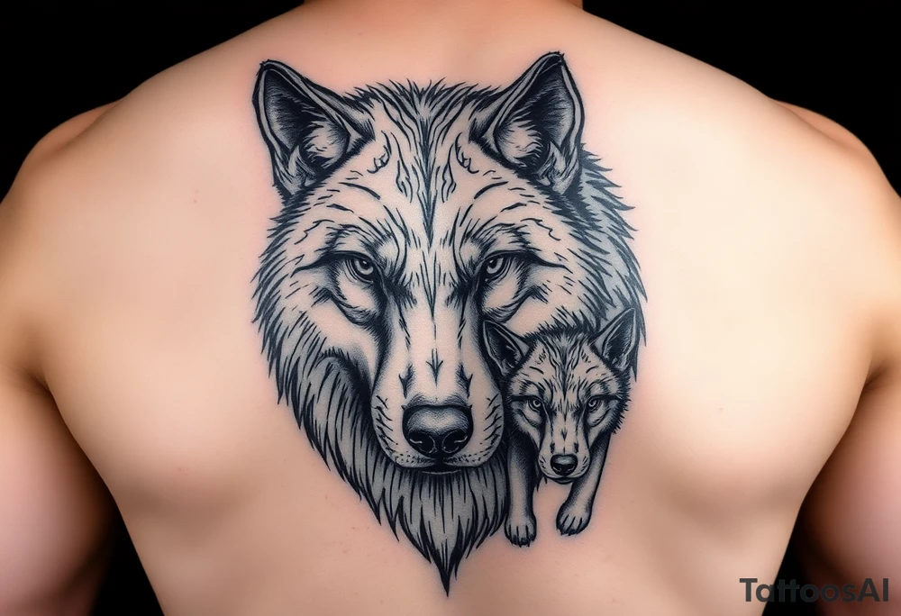 A solitary yet sublime and noble wolf and its progeny. the face tattoo idea