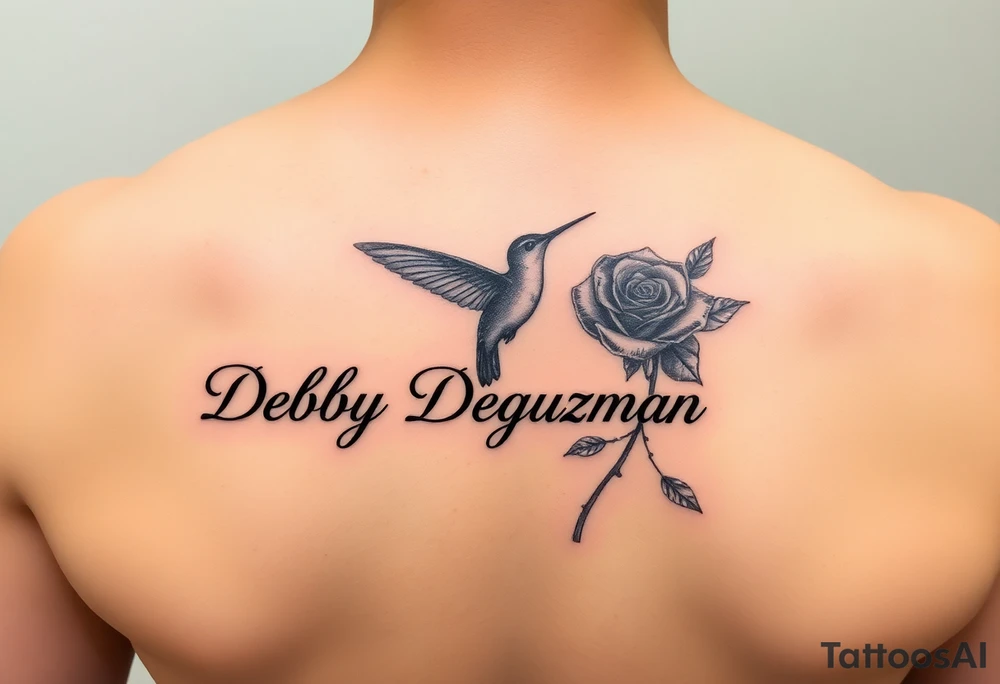 A tattoo on the forearm with the name Debby Deguzman with a humming bird and a rose tattoo idea