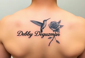 A tattoo on the forearm with the name Debby Deguzman with a humming bird and a rose tattoo idea
