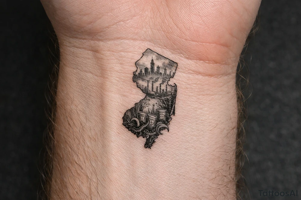 Outline of the shape of New Jersey with a dirty city skyline in the north fading in smog filled refineries in the northern part of central Jersey going into a toxic waste forest with a few tentacles and hazardous waste barrels tattoo idea