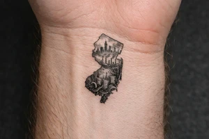 Outline of the shape of New Jersey with a dirty city skyline in the north fading in smog filled refineries in the northern part of central Jersey going into a toxic waste forest with a few tentacles and hazardous waste barrels tattoo idea